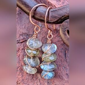 Dainty Faceted Labradorite Gemstone Earrings Copper Wire Wrap